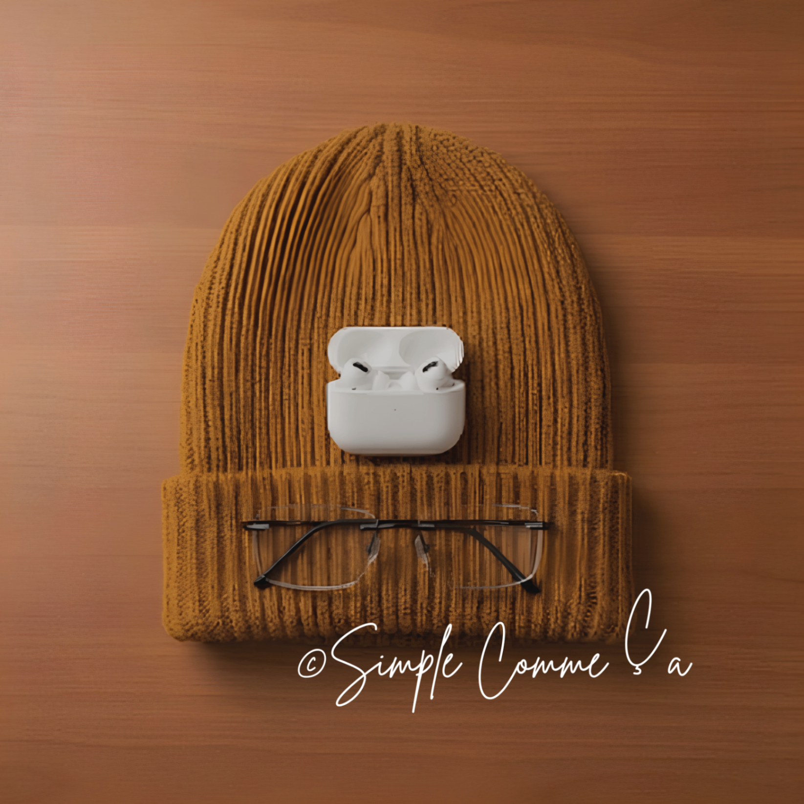 Le bonnet, les lunettes et les AirPods signature de Rehema